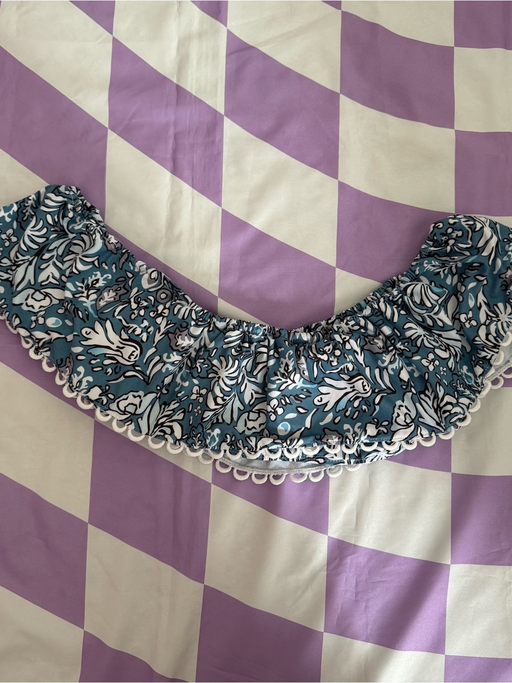 Floral White & Blue Cluster Off Shoulder Bikini Top